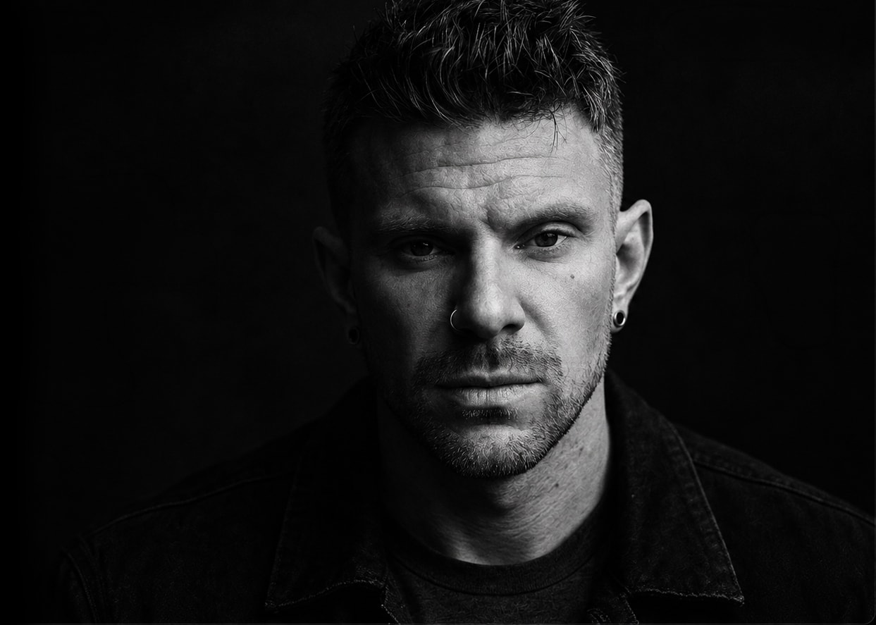 Black and white portrait of Daniel Fexa against a dark background.